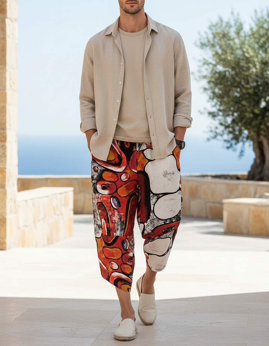 Pantalon En Lin Harem Imprimé Abstrait Décontracté Homme - Multicolore