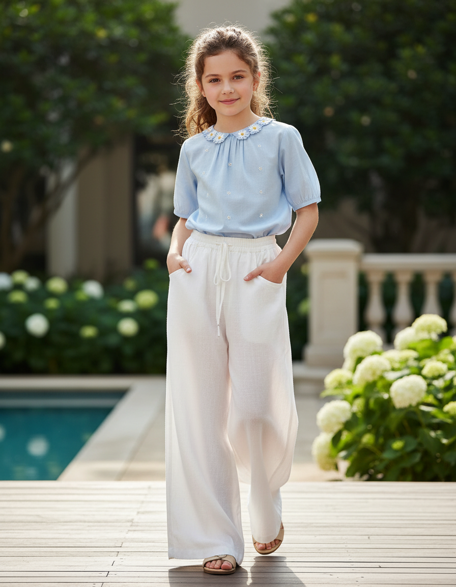 Pantalon En Lin Blanc Ample Fluide Enfant Décontracté