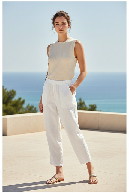Pantalon En Lin Blanc Ample Léger Femme