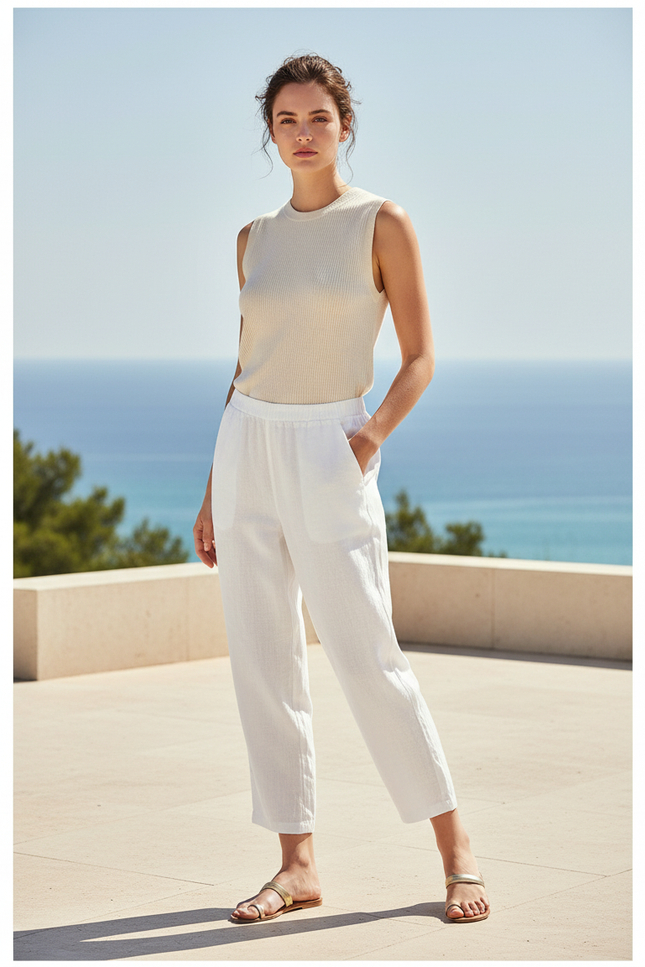 Pantalon En Lin Blanc Ample Léger Femme