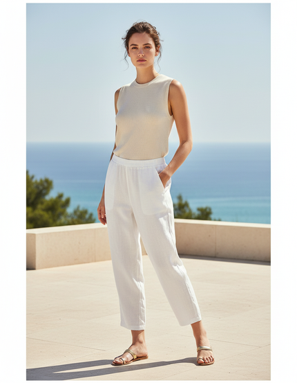 Pantalon En Lin Blanc Ample Léger Femme