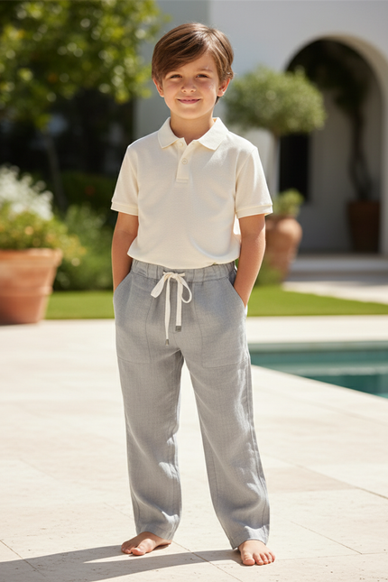 Pantalon En Lin Gris Enfant Ample Cordon Décontracté