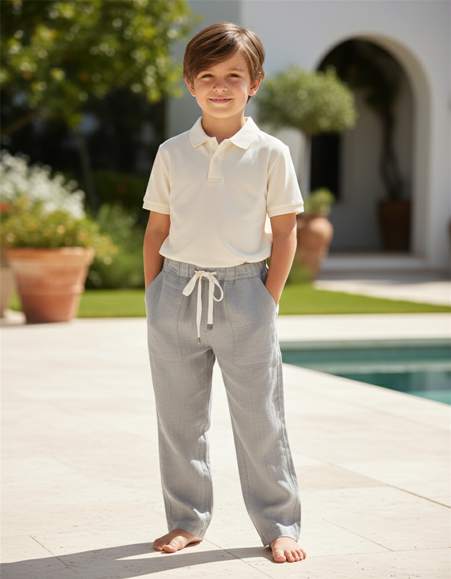 Pantalon En Lin Gris Enfant Ample Cordon Décontracté