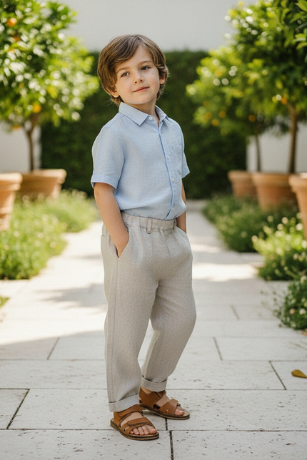 Pantalon En Lin Gris Droit Ample Enfant Décontracté