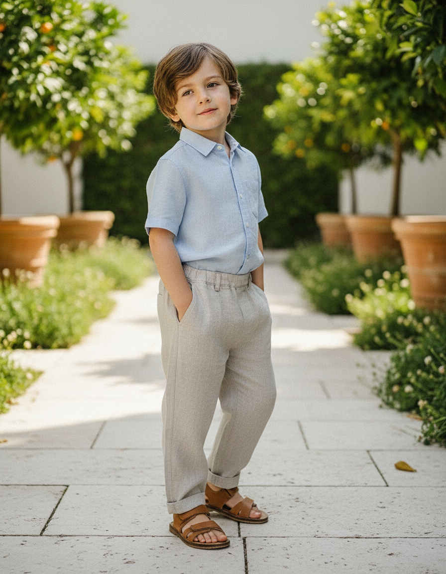 Pantalon En Lin Gris Droit Ample Enfant Décontracté
