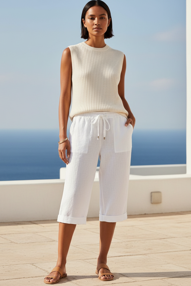 Pantalon En Lin Blanc Court Décontracté Cordon Femme