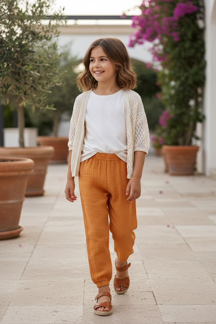 Pantalon En Lin Enfant Harem Ample Décontracté Orange
