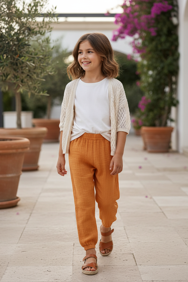 Pantalon En Lin Enfant Harem Ample Décontracté Orange