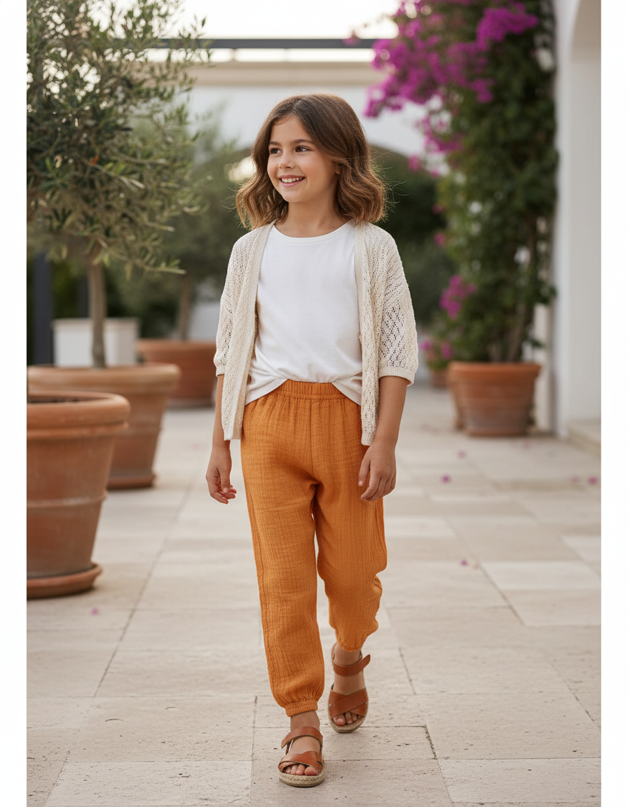 Pantalon En Lin Enfant Harem Ample Décontracté Orange