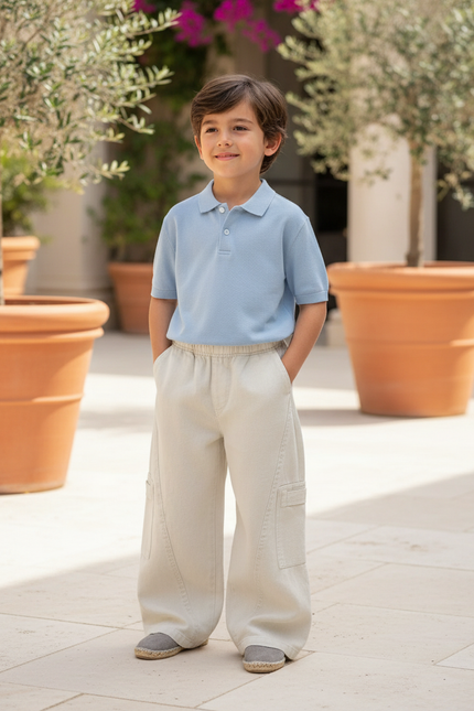Pantalon En Lin Beige Ample Décontracté Enfant Cargo
