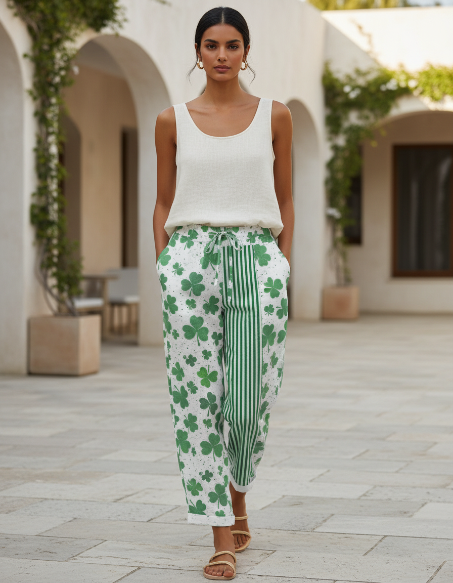 Pantalon En Lin Vert Imprimé Trèfle Décontracté Femme