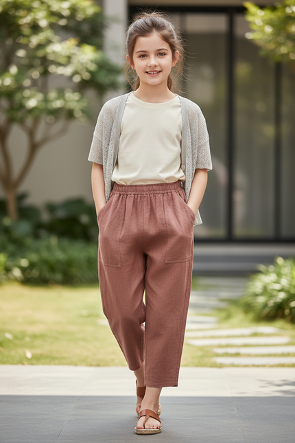 Pantalon En Lin Marron Ample Taille Élastique Fille