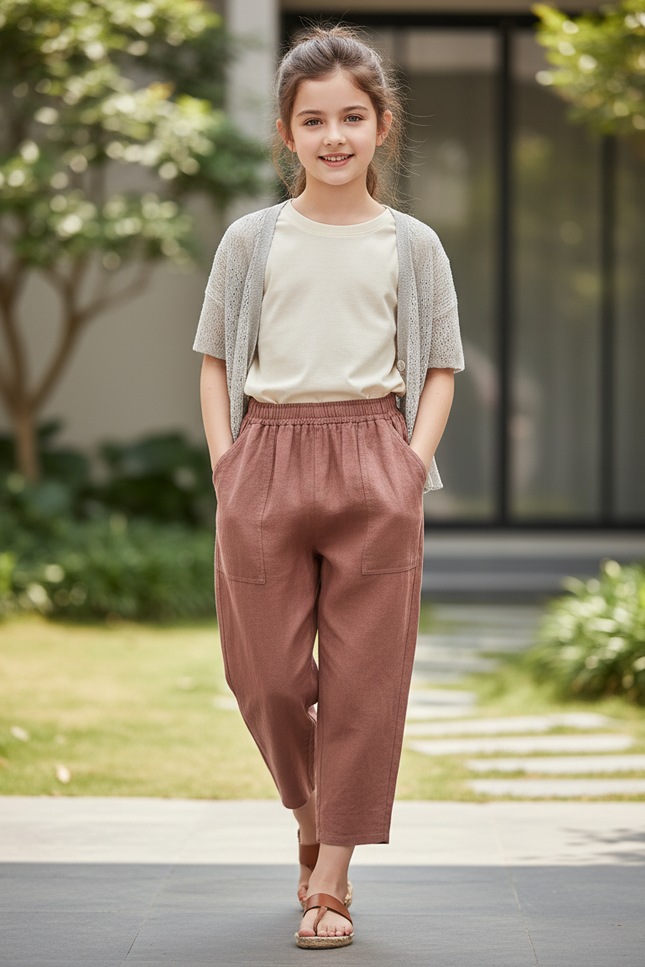 Pantalon En Lin Marron Ample Taille Élastique Fille