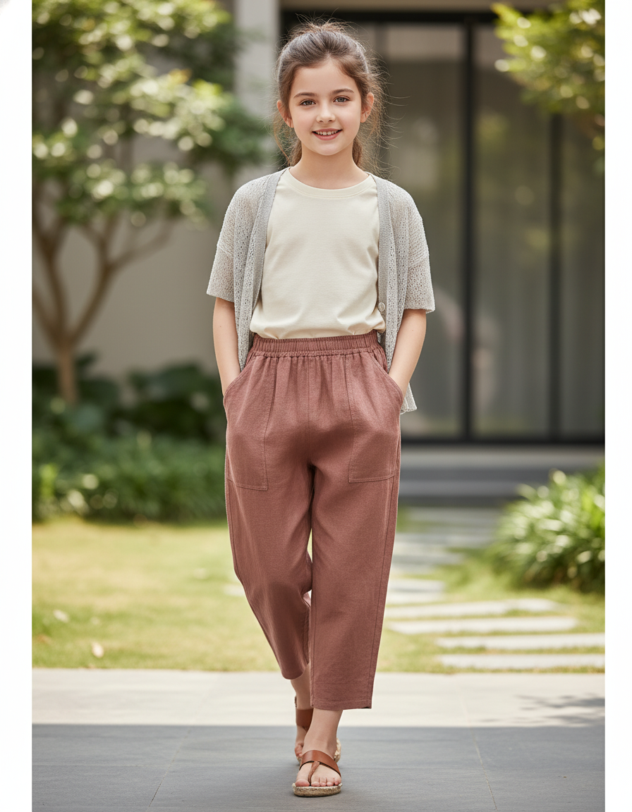 Pantalon En Lin Marron Ample Taille Élastique Fille
