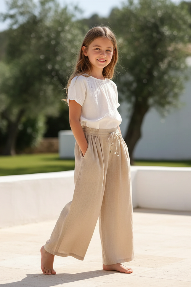 Pantalon En Lin Beige Ample Taille Élastique Fille