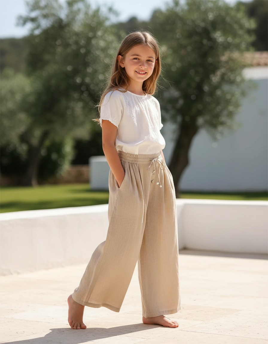 Pantalon En Lin Beige Ample Taille Élastique Fille
