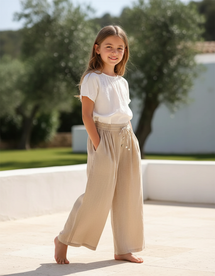 Pantalon En Lin Beige Ample Taille Élastique Fille