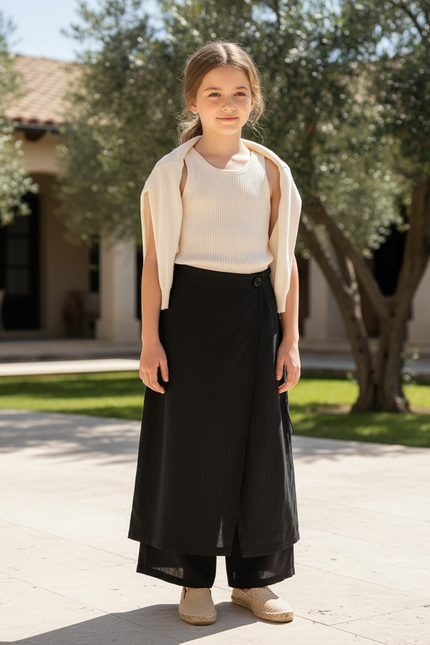 Pantalon En Lin Noir Ample Superposé Fendu Élégant