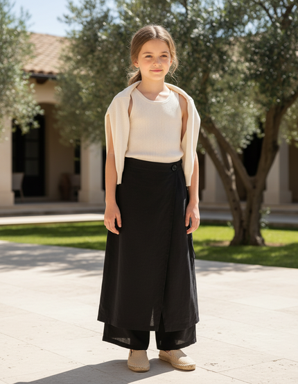 Pantalon En Lin Noir Ample Superposé Fendu Élégant