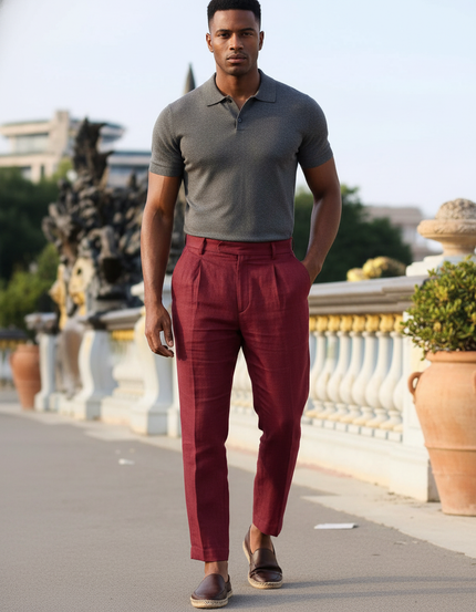 Pantalon En Lin Bordeau Plissé Droit Élégant Homme - Bordeaux
