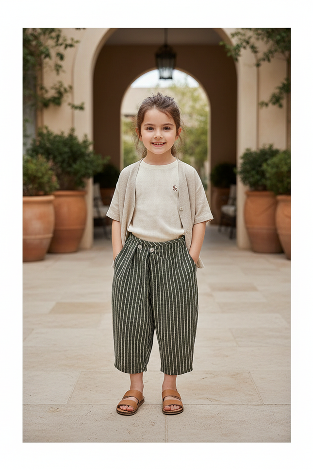 Pantalon Lin A Rayure - Vert