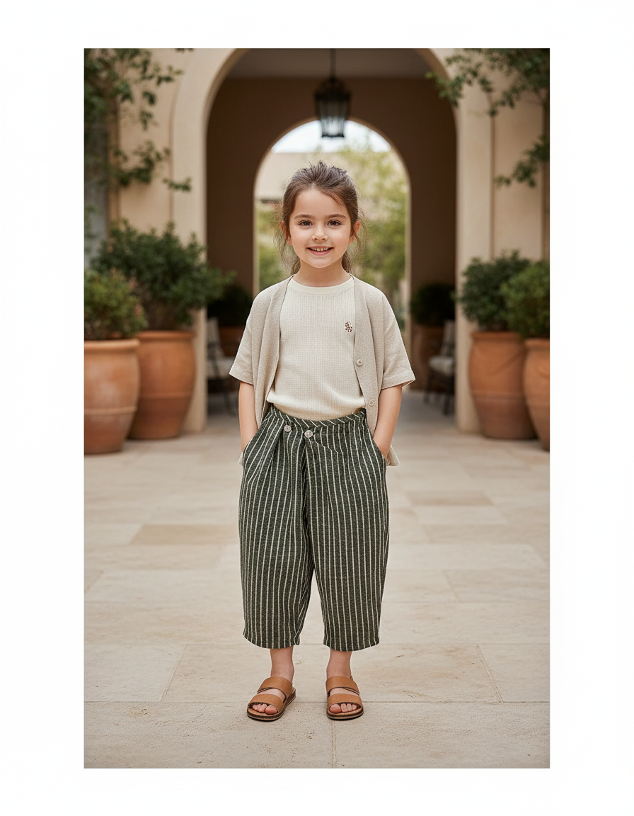 Pantalon Lin A Rayure - Vert