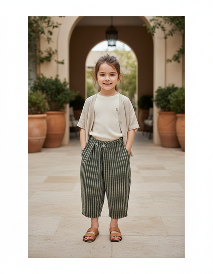 Pantalon Lin A Rayure - Vert