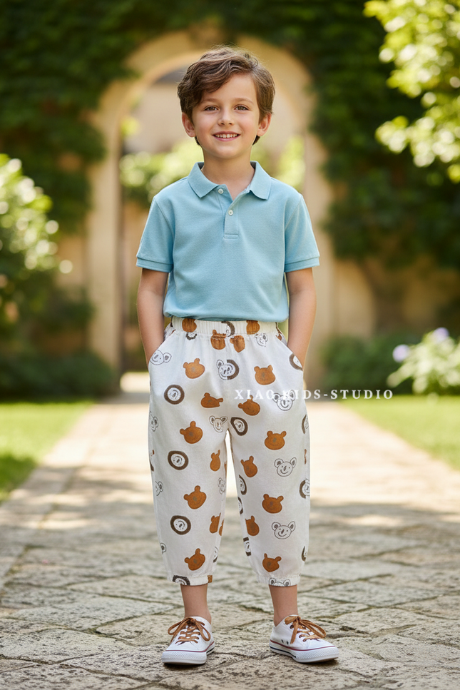 Pantalon En Lin Écru Imprimé Oursons Ample Enfant