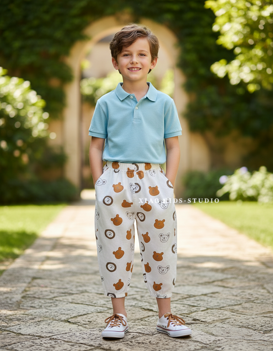 Pantalon En Lin Écru Imprimé Oursons Ample Enfant