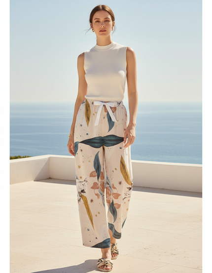Pantalon En Lin Ample Imprimé Floral Fluide Estival - Multicolore