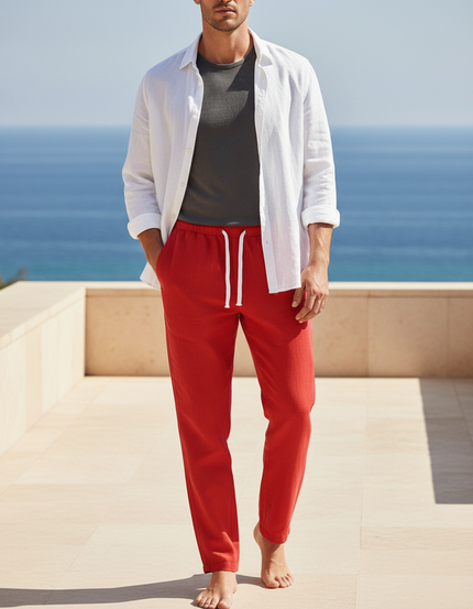 Pantalon En Lin Rouge Ample Décontracté Homme