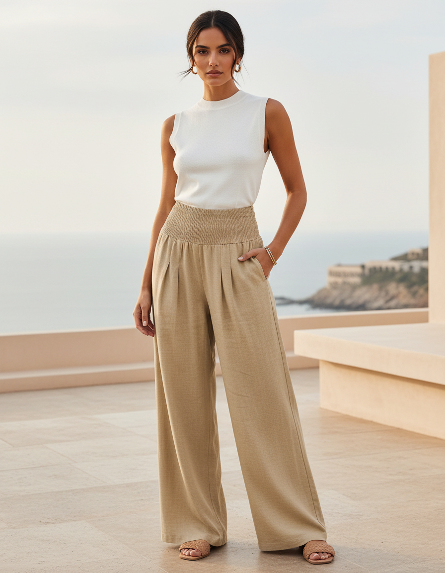 Pantalon Droit En Lin Femme - Beige
