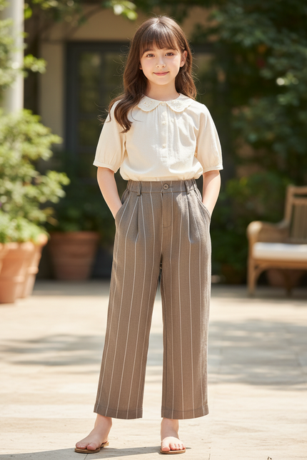 Pantalon En Lin Rayé Marron Ample Droit Décontracté