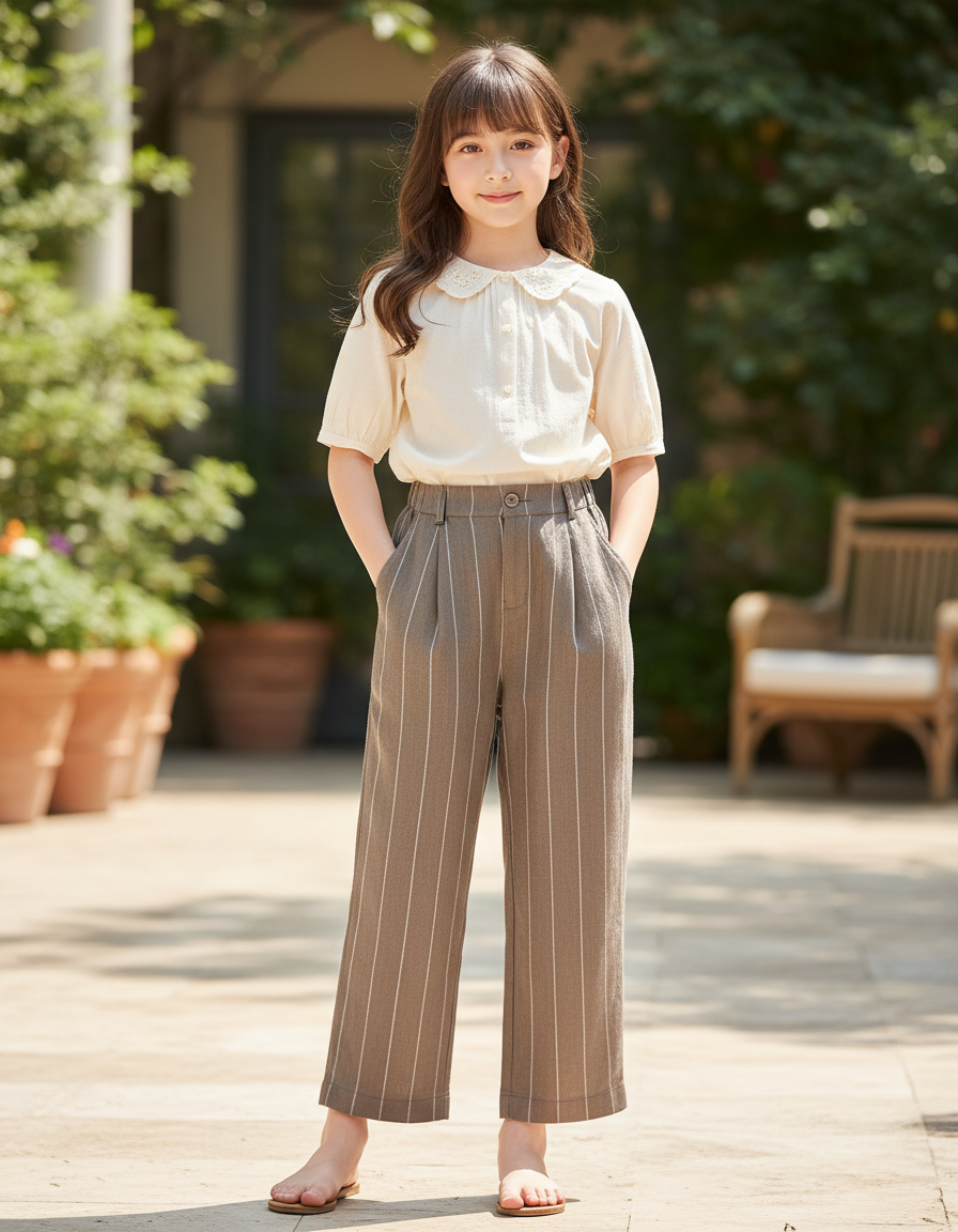 Pantalon En Lin Rayé Marron Ample Droit Décontracté