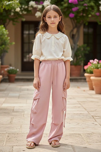 Pantalon En Lin Rose Cargo Ample Décontracté Fille