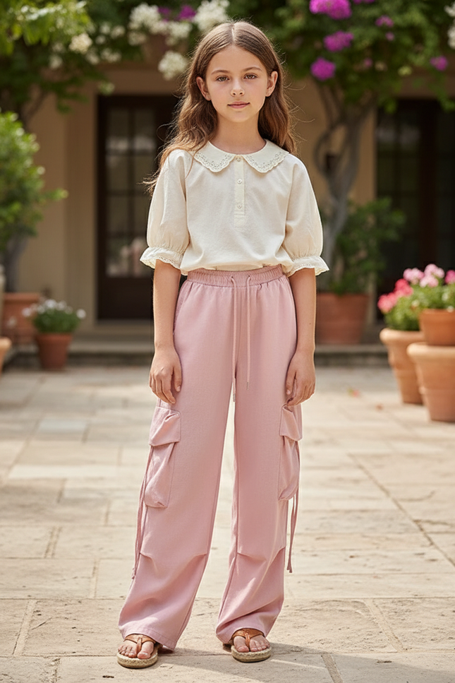 Pantalon En Lin Rose Cargo Ample Décontracté Fille