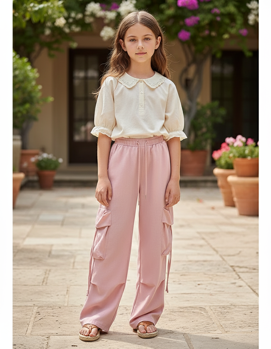 Pantalon En Lin Rose Cargo Ample Décontracté Fille