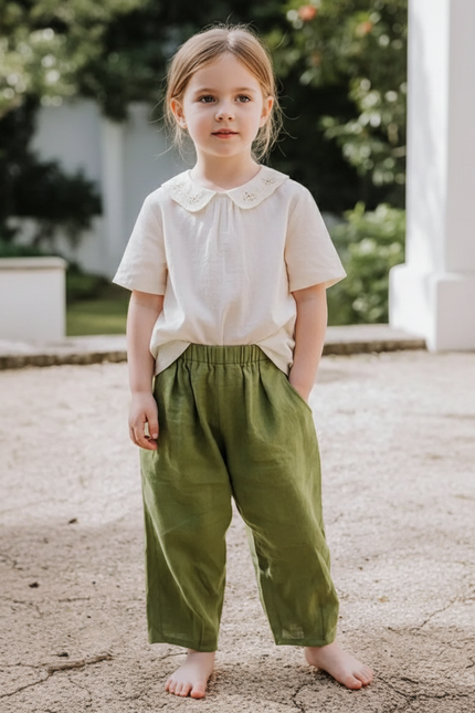 Pantalon En Lin Vert Ample Élastique Enfant - Kaki