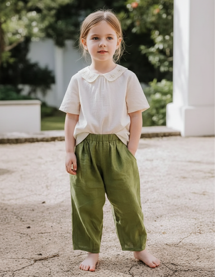 Pantalon En Lin Vert Ample Élastique Enfant - Kaki
