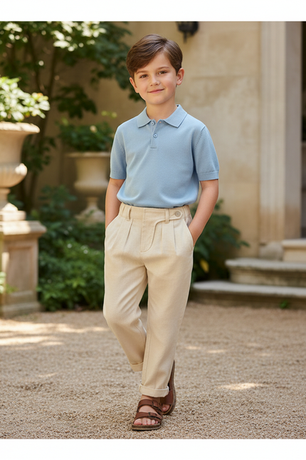 Pantalon En Lin Beige Plissé Garçon Décontracté