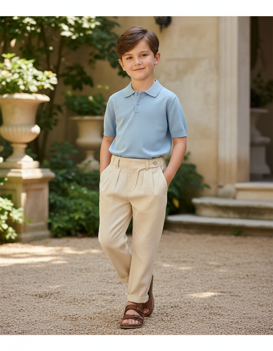 Pantalon En Lin Beige Plissé Garçon Décontracté