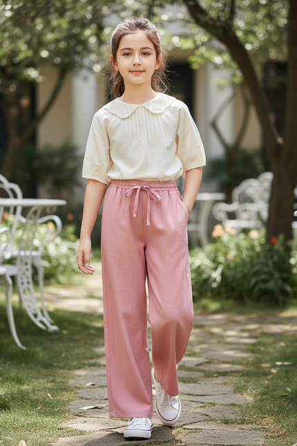 Pantalon En Lin Rose Ample Droit Décontracté Fille