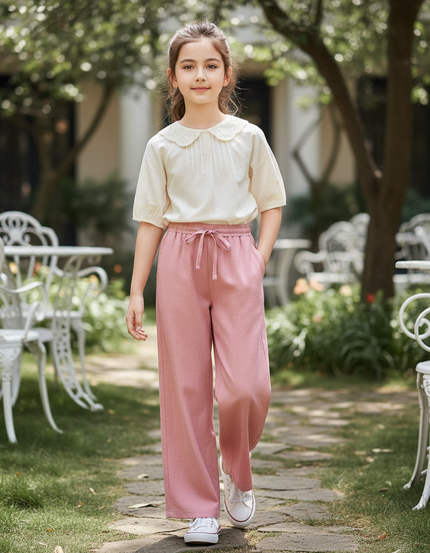 Pantalon En Lin Rose Ample Droit Décontracté Fille