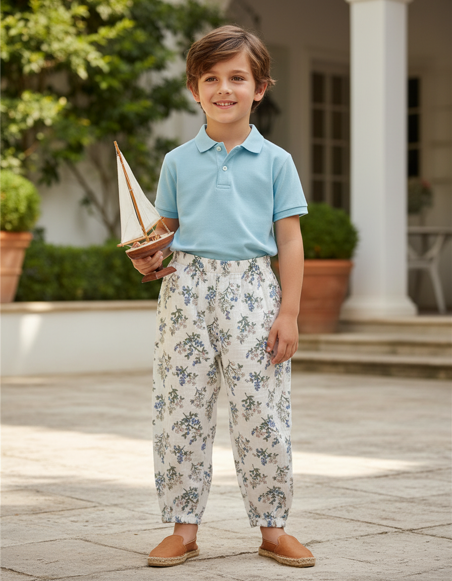Pantalon Lin Blanc Bleu - Multicolore