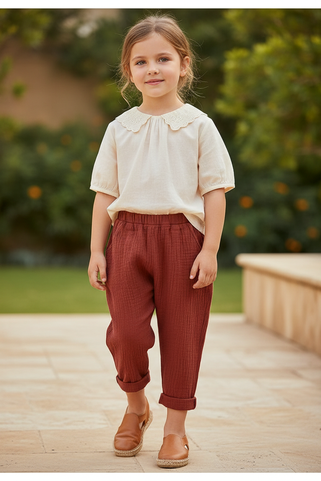 Pantalon En Lin Enfant Harem Coton Rouge Brique - Bordeaux