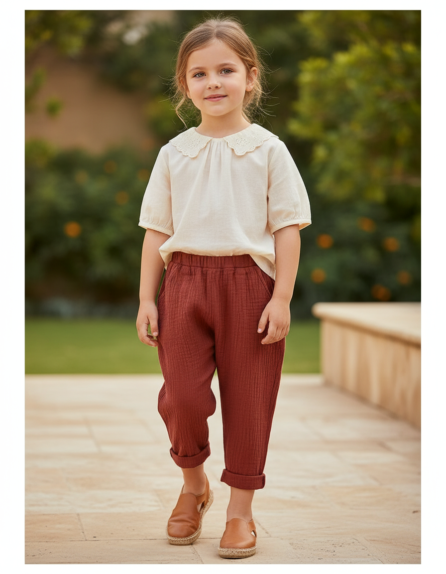 Pantalon En Lin Enfant Harem Coton Rouge Brique - Bordeaux