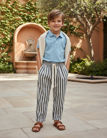 Pantalon En Lin Rayé Noir Blanc Ample Enfant - Multicolore