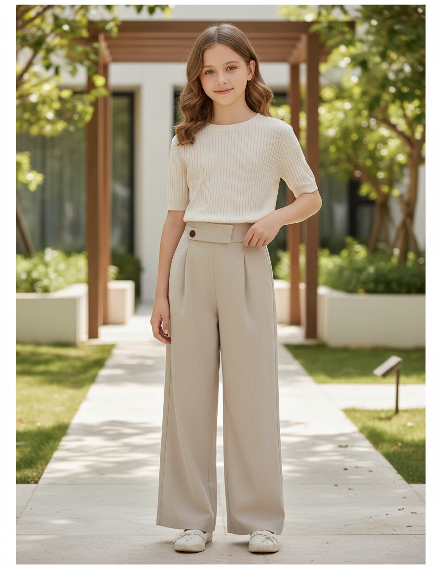 Pantalon En Lin Beige Ample Droit Enfant