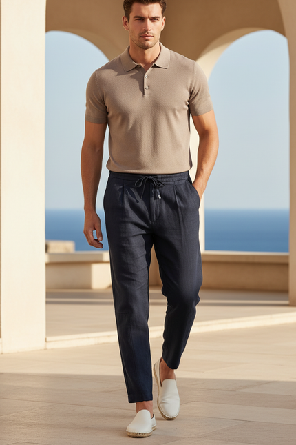 Pantalon En Lin Bleu Marine Plissé Cordon Décontracté Homme