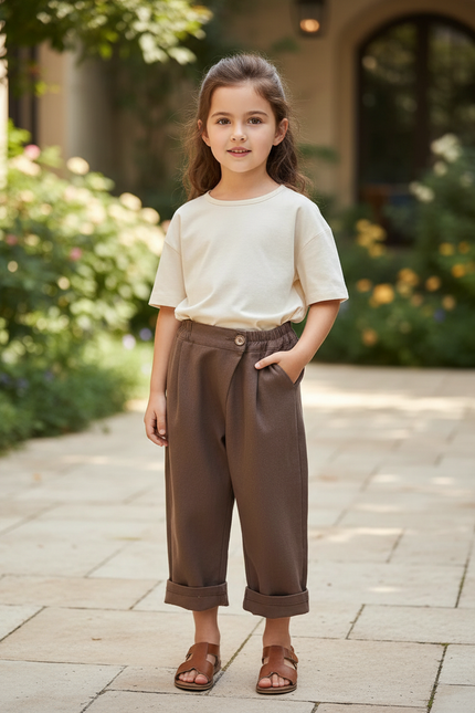 Pantalon En Lin Marron Ample Élastique Décontracté Enfant